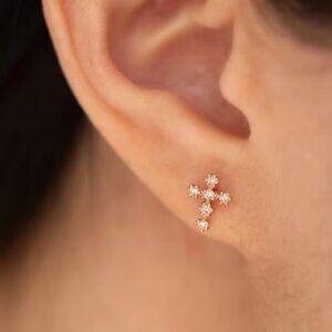 14k Gold Diamond Cross Earrings / Minimalist Dainty Cross Stud (pair)